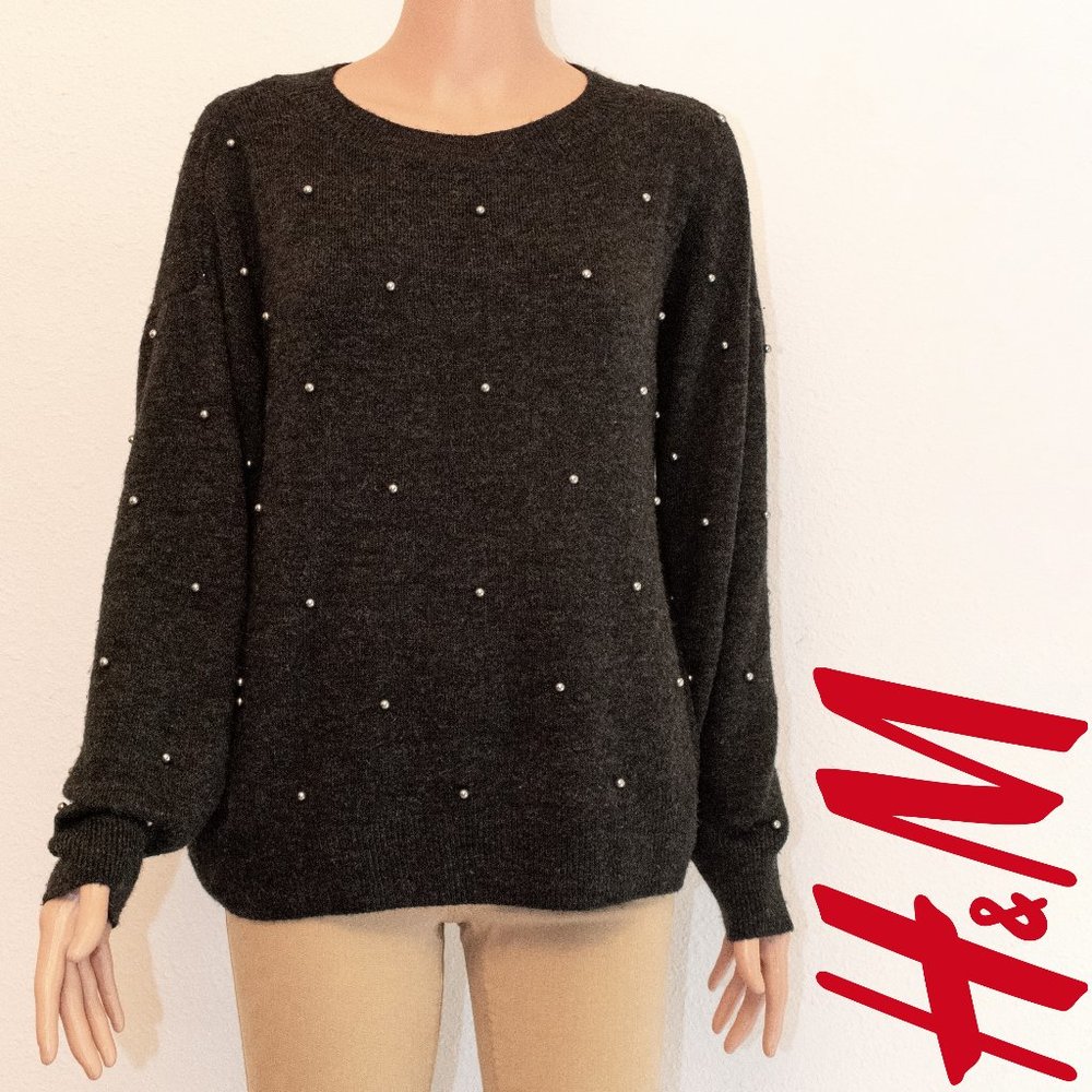 H&M Beaded Charcoal Grey Acrylic Wool Pullover Sweater Women’s Medium